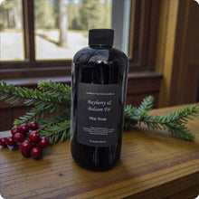 Load image into Gallery viewer, Black soap bottle labeled 'Bayberry & Balsam Fir' on a wooden surface with greenery and berries.