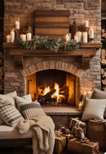 Load image into Gallery viewer, Cozy living room with stone fireplace, candles, and decorative items.
