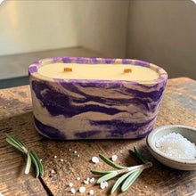 Load image into Gallery viewer, Marble-patterned concrete candle with rosemary and salt on a wooden surface