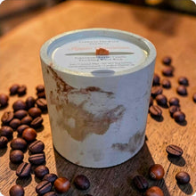 Load image into Gallery viewer, Candle in a white container with coffee beans on a wooden surface
