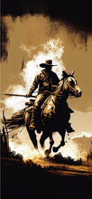 Load image into Gallery viewer, Cowboy on horseback with a lasso against a dark background
