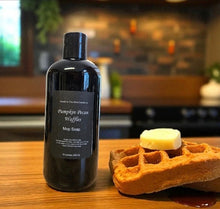 Load image into Gallery viewer, Bottle of pumpkin pecan waffles mop soap on a wooden surface with a blurred background
